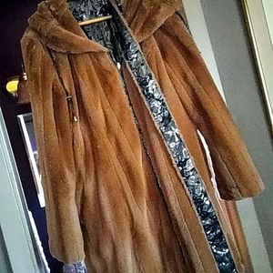 IMAN PLATINUM FAUX FUR REVERSIBLE BROCADE ANORACK HOODED COAT,NEVER WORN